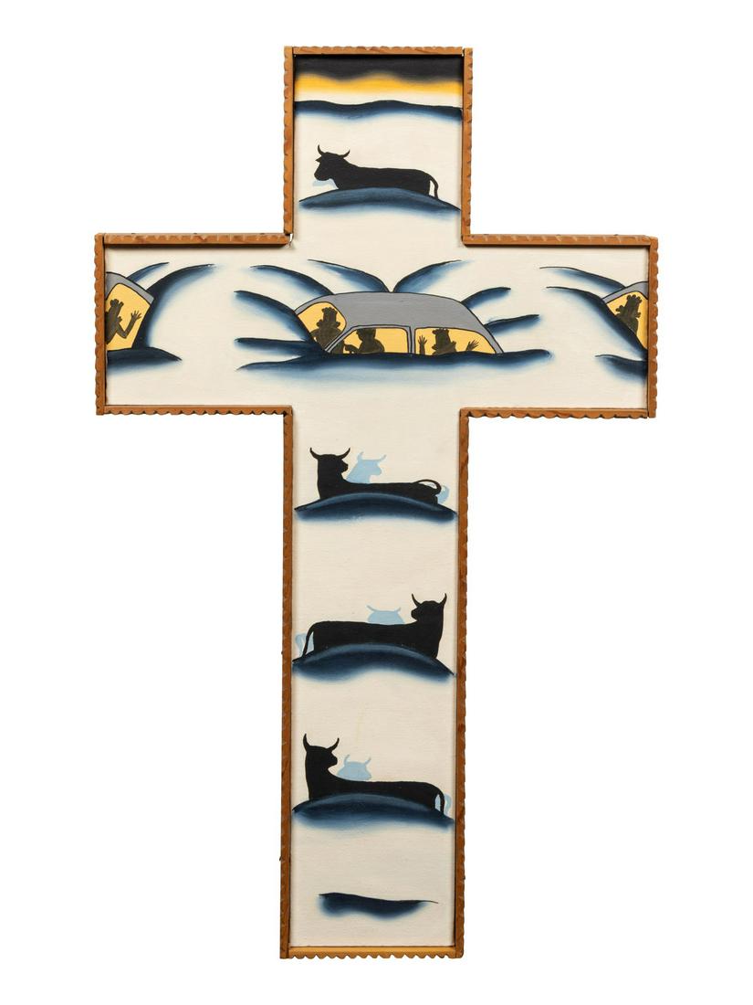 Roger Brown (American, 1943-1997) Blizzard Crucifix, 1975: Roger Brown (American, 1943-1997) Blizzard Crucifix, 1975 oil on canvas in tramp art carved wood frame titled (verso) 30 1/4 x 18 inches. Property from the Collection of Merrill C. Berman Provenance: