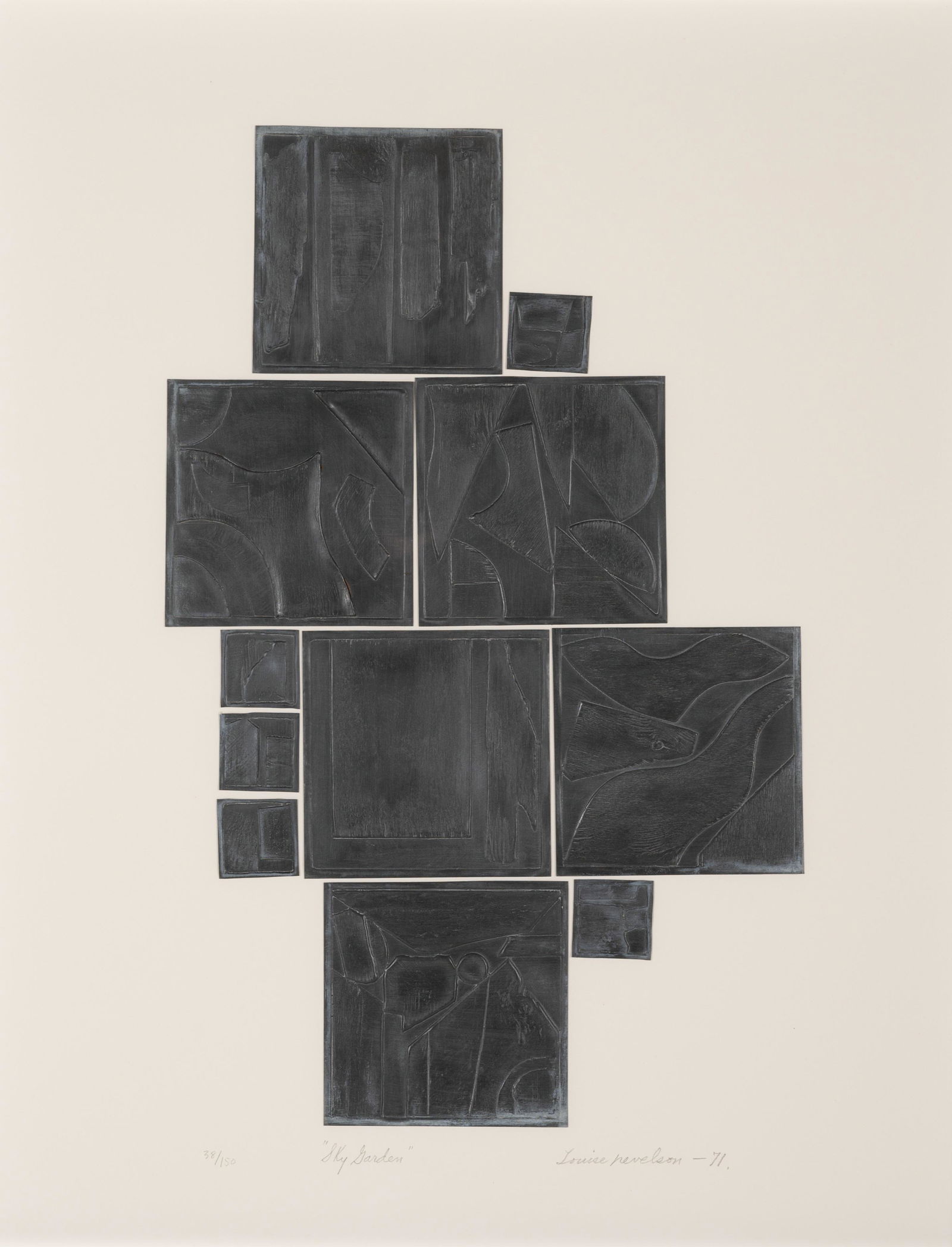 Louise Nevelson (American, 1899-1988) Sky Garden, 1971: Louise Nevelson (American, 1899-1988) Sky Garden, 1971 lead intaglio signed, dated, titled, and numbered 38/150 in pencil 23 x 15 inches. Property from a Private Midwest Collector