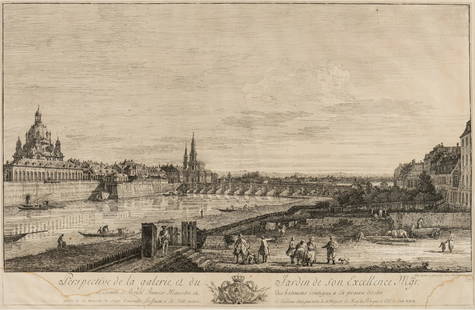 Bernardo Bellotto (Italian, 1721-1780) Perspective de la galerie et du Jardin de son Excellence: Bernardo Bellotto (Italian, 1721-1780) Perspective de la galerie et du Jardin de son Excellence Monseigneur le Comte de Bruhl, 1747 etching 20 7/8 x 32 1/2 inches. Literature: De Vesme 10