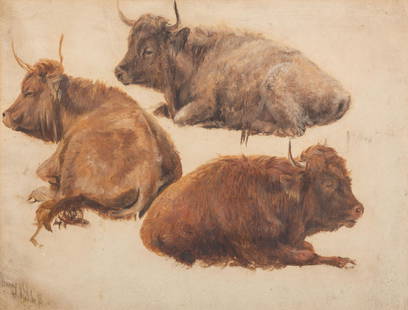 Attributed to Sir Edwin Henry Landseer (British, 1803-1873) Three Highland Cattle, 1868: Attributed to Sir Edwin Henry Landseer (British, 1803-1873) Three Highland Cattle, 1868 oil on paper dated by another hand (lower left) 10 1/2 x 13 1/4 inches. Provenance: Kenneth A. Lohf, New York