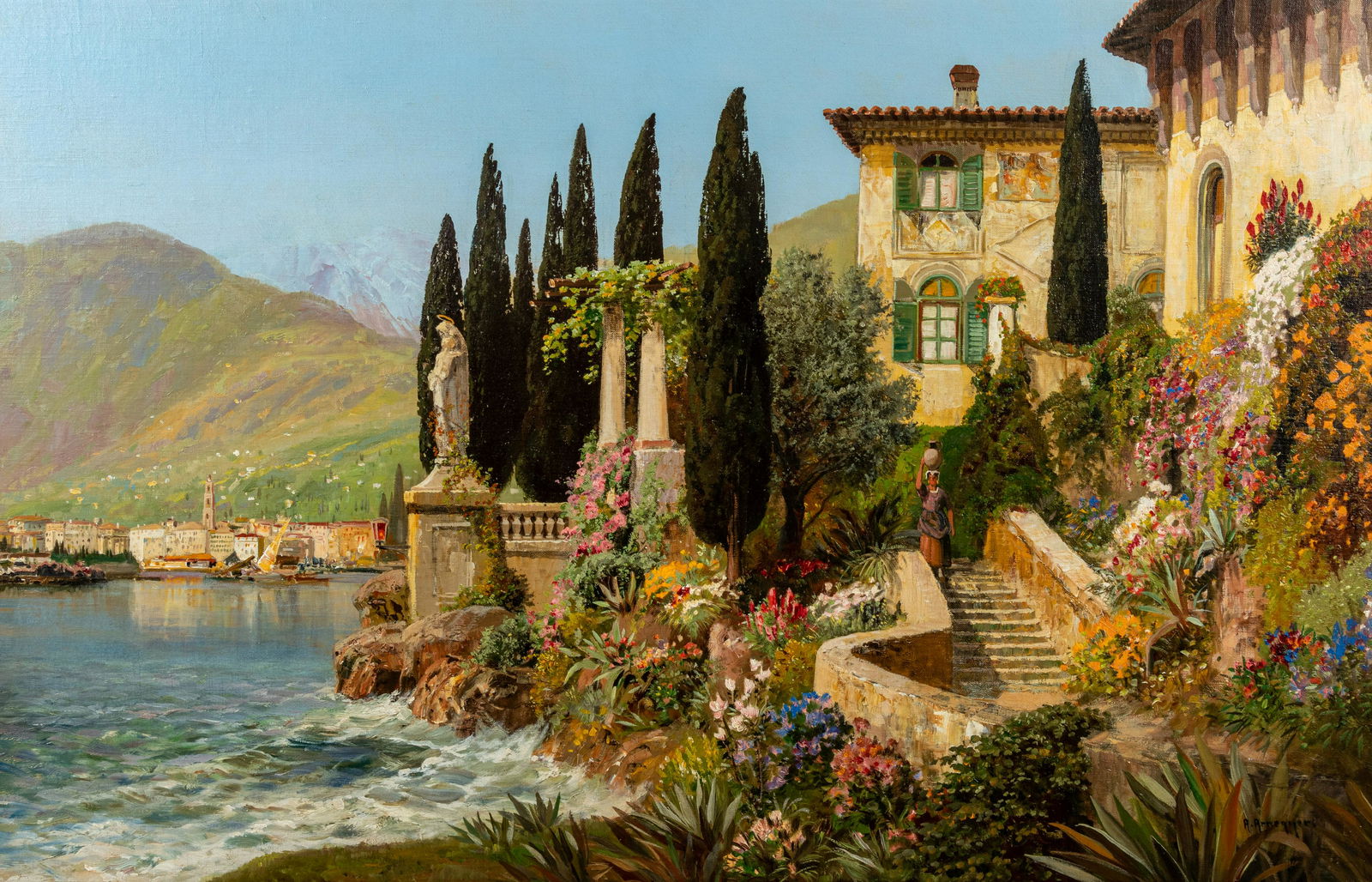 Alois Arnegger (Austrian, 1879-1963) Villa by the Coast: Alois Arnegger (Austrian, 1879-1963) Villa by the Coast oil on canvas laid to masonite signed A. Arnegger (lower right) 26 1/2 x 41 inches.
