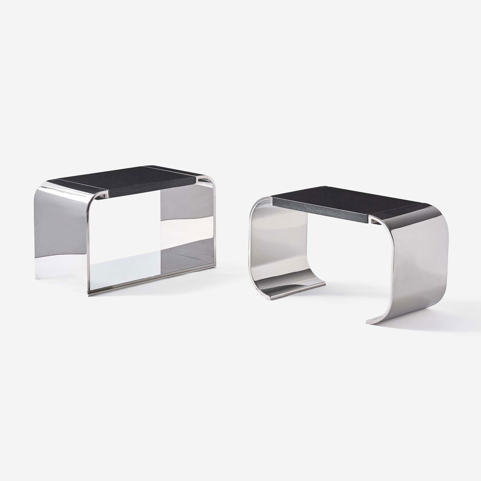 Stanley Jay Friedman for Brueton "Macao" and "Eclipse" End Tables, circa 1980: Stanley Jay Friedman for Brueton "Macao" and "Eclipse" End Tables, circa 1980 Polished steel with removable polished black granite tops Unmarked (H: 14, W: 24, D: 12 in. (Eclipse table) H: 14 1/4, W: