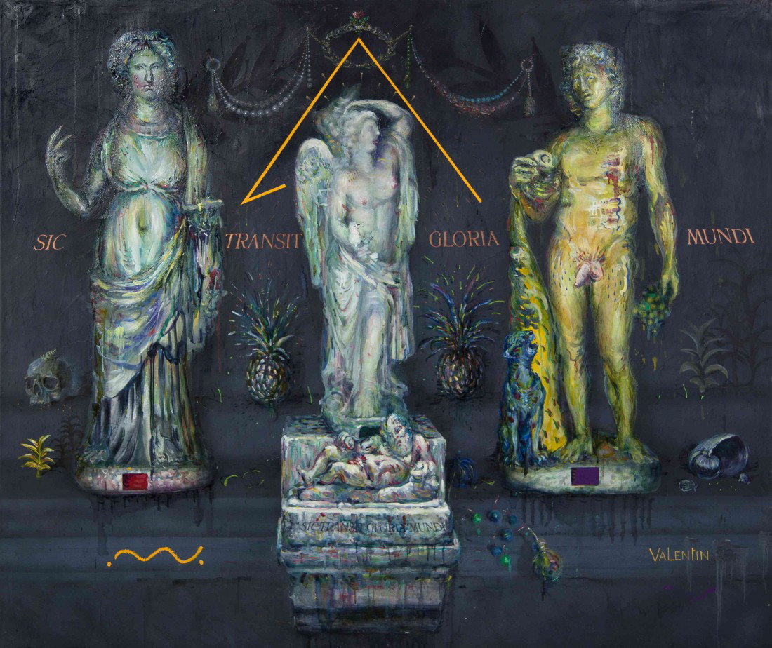 Valentin Popov, (Ukrainian, b. 1956), Sic Transit G: Valentin Popov (Ukrainian, b. 1956) Sic Transit Gloria Mundi, 1986 oil on canvas signed Valentin (lower right); inscribed and dated in Cyrillic (verso) 66 x 78 inches. Property Sold t