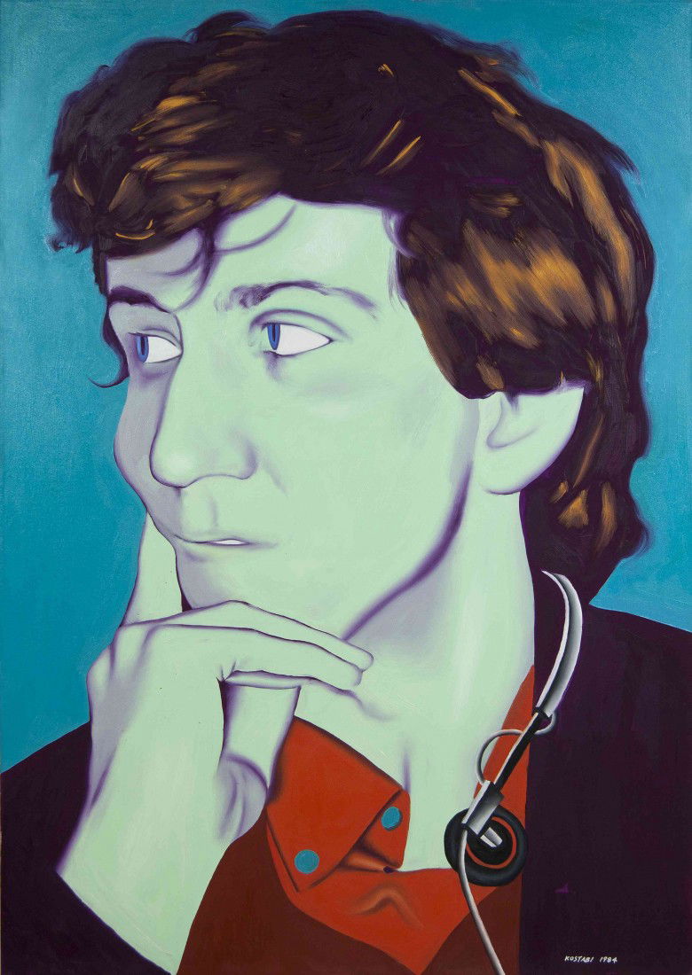 Mark Kostabi, (American, b. 1960), Portrait, 1984: Mark Kostabi (American, b. 1960) Portrait, 1984 oil on canvas signed Kostabi and dated (lower right), signed and dated (verso) 70 x 48 1/4 inches.