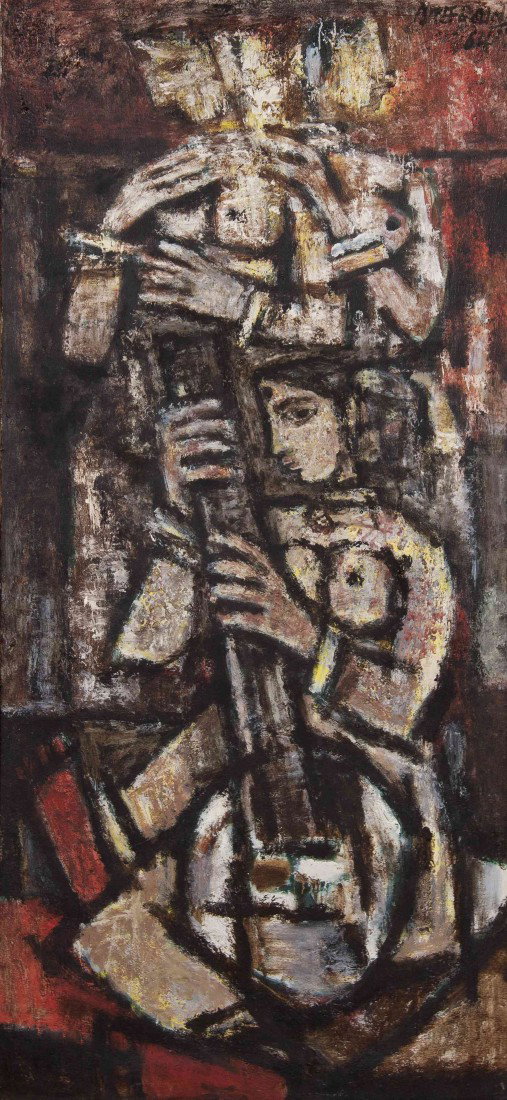 Maqbool Fida Husain, (Indian, 1915-2011), The Sitar: Maqbool Fida Husain (Indian, 1915-2011) The Sitar Player, 1964 oil on canvas signed illegibly Husain (upper right) 64 x 30 inches.