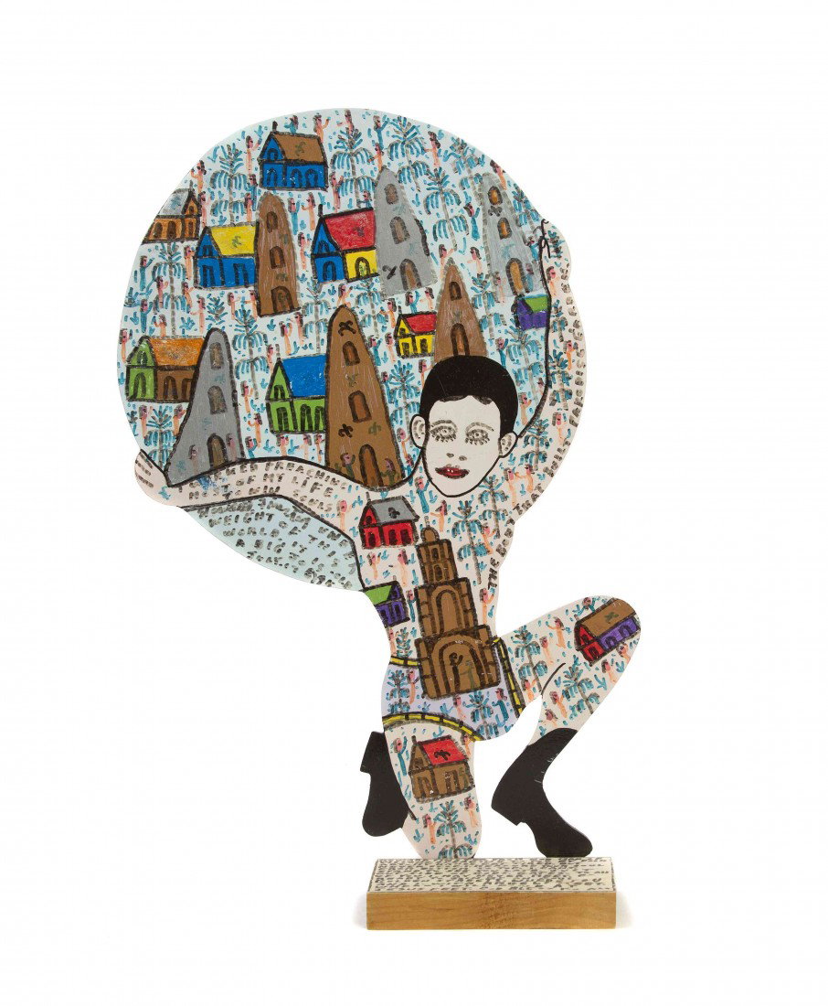 Howard Finster, (American, 1916-2001), Atlas, 1995: Howard Finster (American, 1916-2001) Atlas, 1995 oil on wood signed Howard Finster, dated and inscribed Height: 16 1/2 inches.