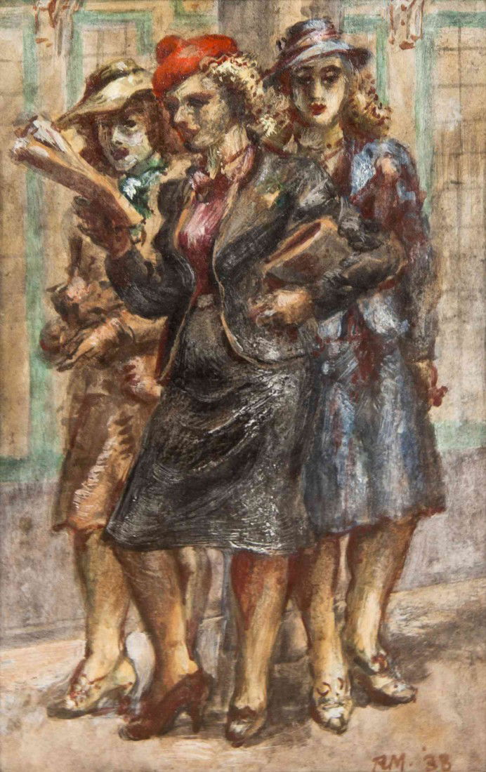 Reginald Marsh, (American, 1898-1954), Three Women: Reginald Marsh (American, 1898-1954) Three Women, 1933 oil on board initialled R.M. and dated (lower right) 8 x 5 1/2 inches. Property from the Collection of Marjorie and Charles Bent