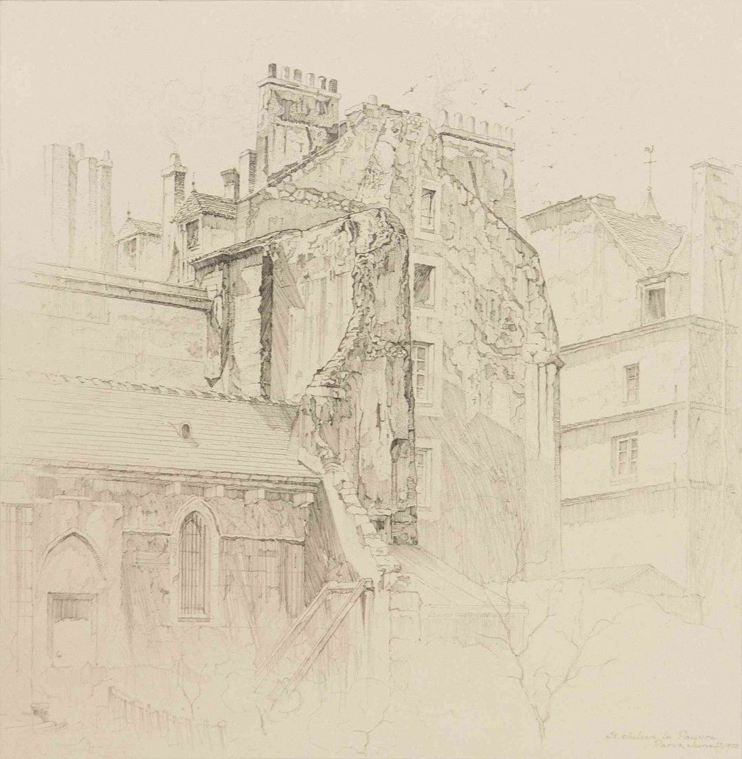John Taylor Arms, (American, 1887-1953), St. Julie: John Taylor Arms (American, 1887-1953) St. Julien le Pauvre, 1923 pencil on paper titled and dated (lower right) 8 1/2 x 8 1/4 inches. Property from a Florida Collector Provenance: Sylvan