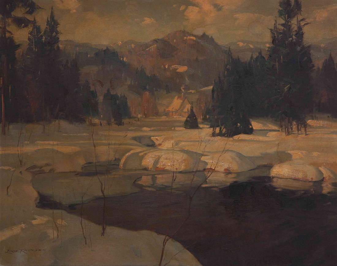 Eric Riordon, (Canadian, 1906-1948), Sun on the Hi: Eric Riordon (Canadian, 1906-1948) Sun on the Hills oil on canvas board signed Eric Riordon (lower left) 17 1/4 x 21 inches. Property from the Estate of John D. Wilson, Columbus, Ohio