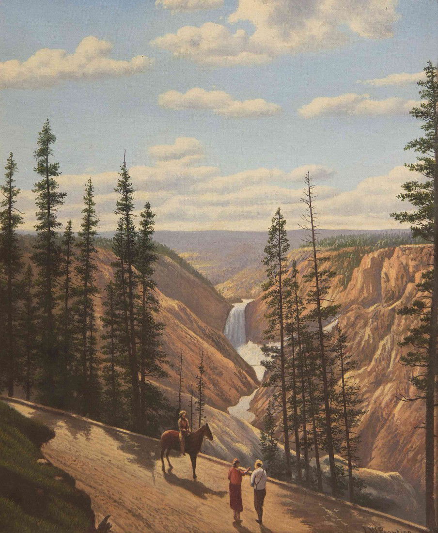 Levi Wells Prentice, (American, 1851-1935), Watchi: Levi Wells Prentice (American, 1851-1935) Watching the Falls oil on canvas signed L. W. Prentice (lower right) 15 1/4 x 12 1/2 inches.