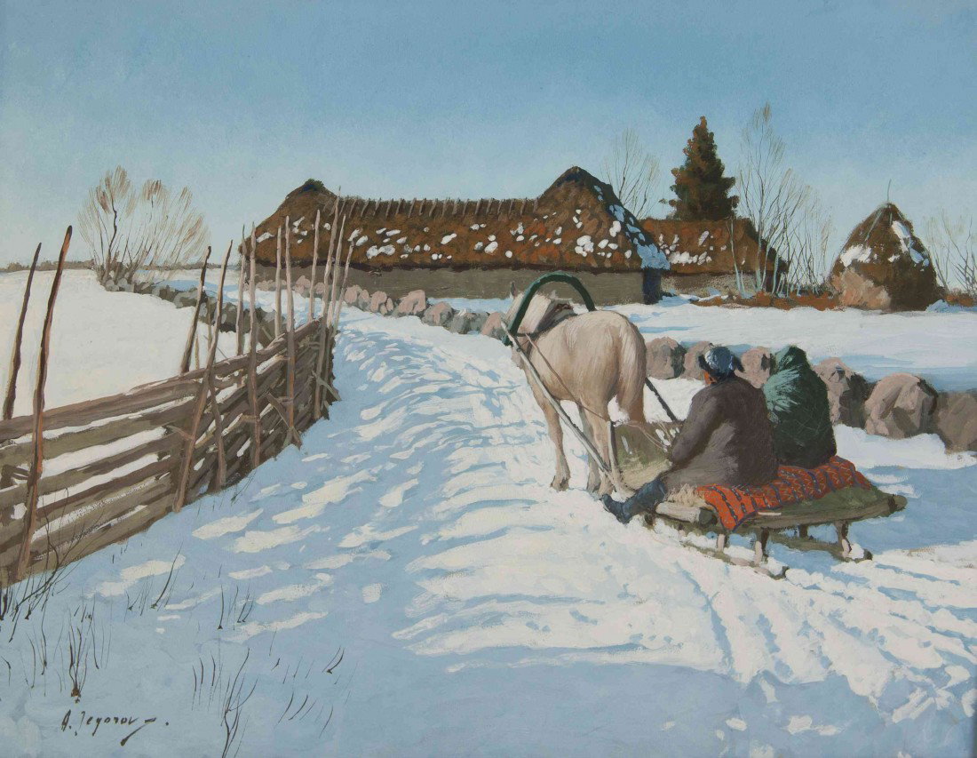 Andrei Afanasievich Jegerov, (Russian, 1878-1954),: Andrei Afanasievich Jegerov (Russian, 1878-1954) Winter Sleigh Ride gouache on paper signed A. Jegerov (lower left) 19 3/4 x 26 1/4 inches.