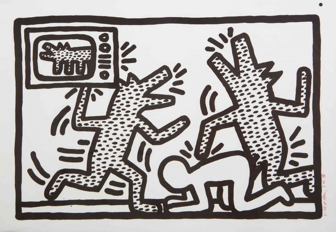 Keith Haring, (American, 1958-1990), Untitled, 19: Keith Haring (American, 1958-1990) Untitled, 1982 screenprint; Barbara Gladstone, pub. edition 31/40, signed K. Haring (lower right) 25 x 36 inches.