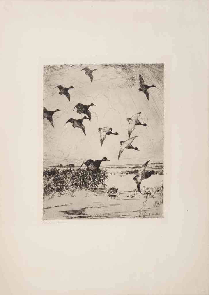 Frank Weston Benson, (American, 1862-1951), Flyin: Frank Weston Benson (American, 1862-1951) Flying Ducks, 1919 etching and drypoint; Chicago Society of Etchers ed. of 235 9 x 7 inches. Property from the Collection of Daniel and Cheryl Boehmke, Wisc