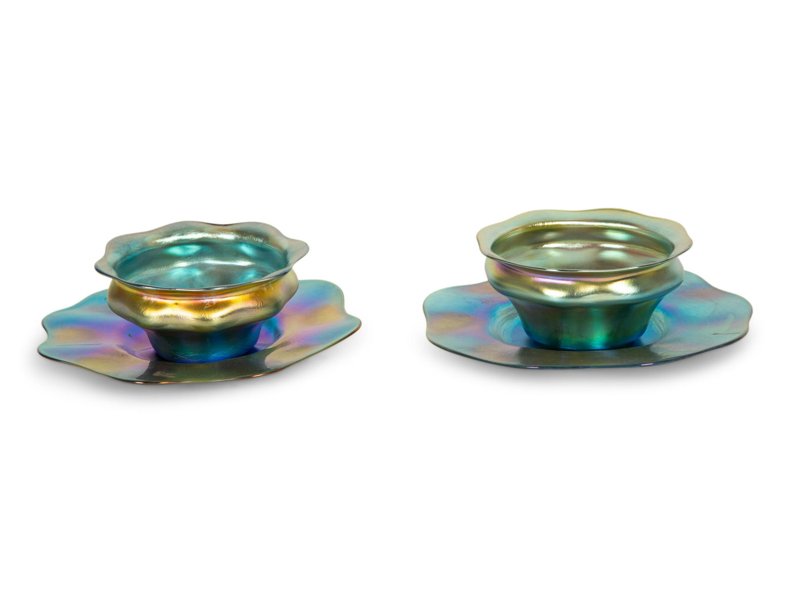 A Pair of Tiffany Studios Blue Favrile Glass Dessert Bowls and Plates (1 of 2)