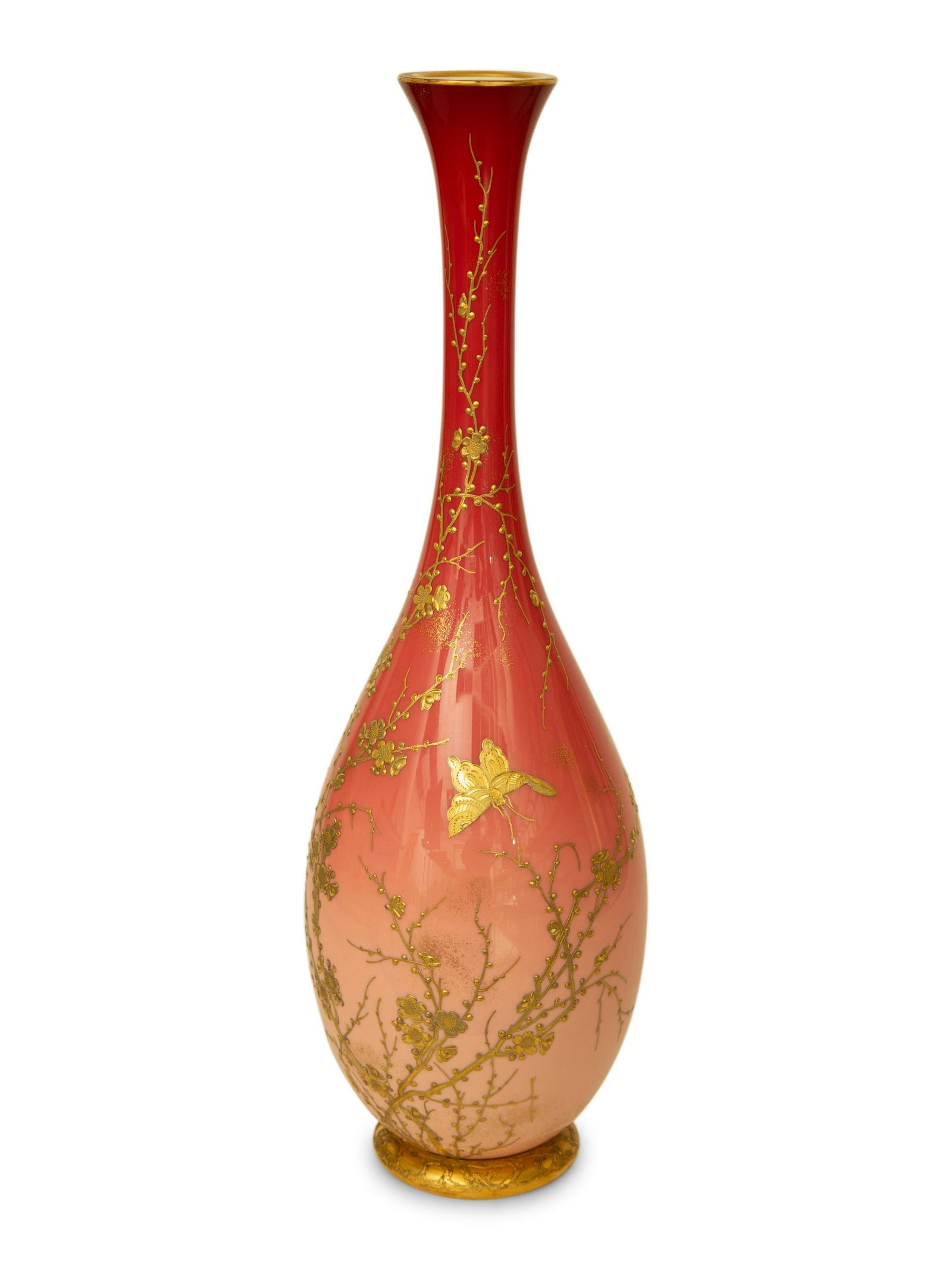 A Thomas Webb for Tiffany and Co. Opaline Glass Vase: A Thomas Webb for Tiffany and Co. Opaline Glass Vase Circa 1889 of ombre pink with gilt butterfly and cherry blossom decorations; with Tiffany Co. Paris Exhibition 1889/Thomas Webb Sons impressed to u