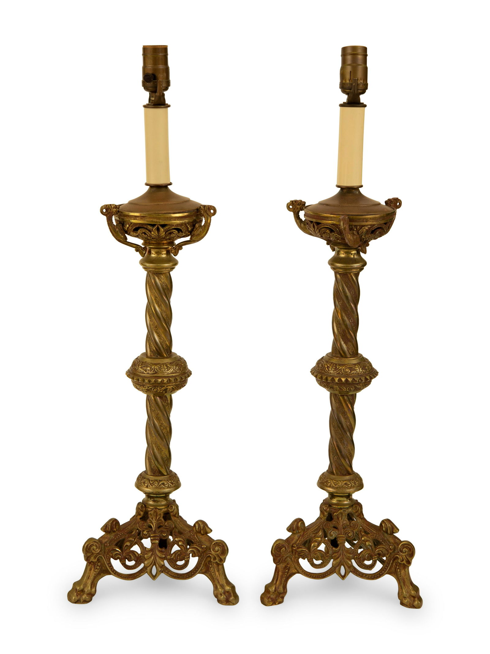 A Pair of Baroque Style Patinated Brass Pricket Sticks Mounted as Lamps (1 of 4)