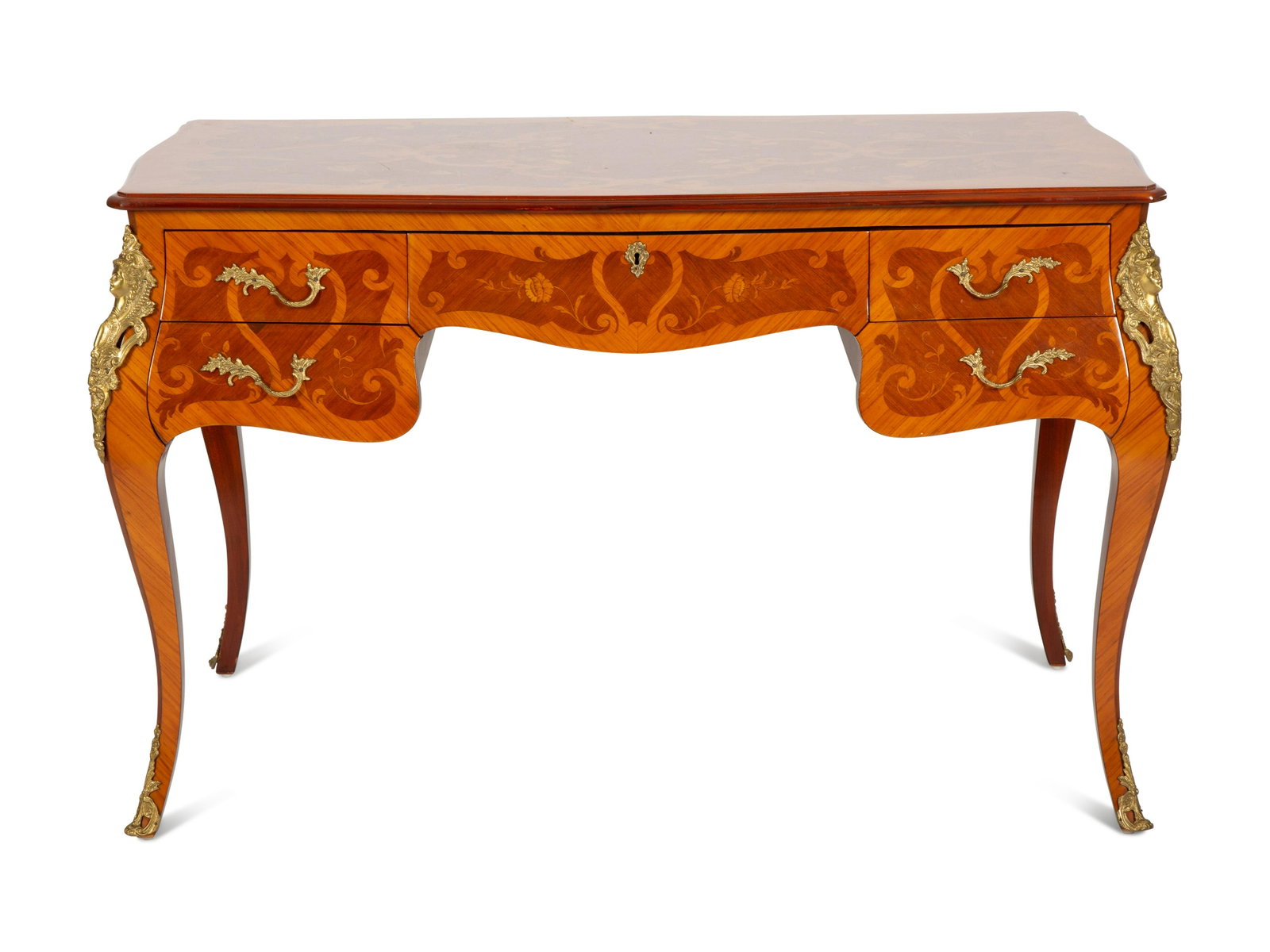 A Louis XV Style Gilt-Bronze Mounted Marquetry Bureau Plat: A Louis XV Style Gilt-Bronze Mounted Marquetry Bureau Plat 20th Century Height 32 x width 51 1/2 x depth 29 inches. Property from the Collection of Robert and Mary Montgomery, Palm Beach, Florida