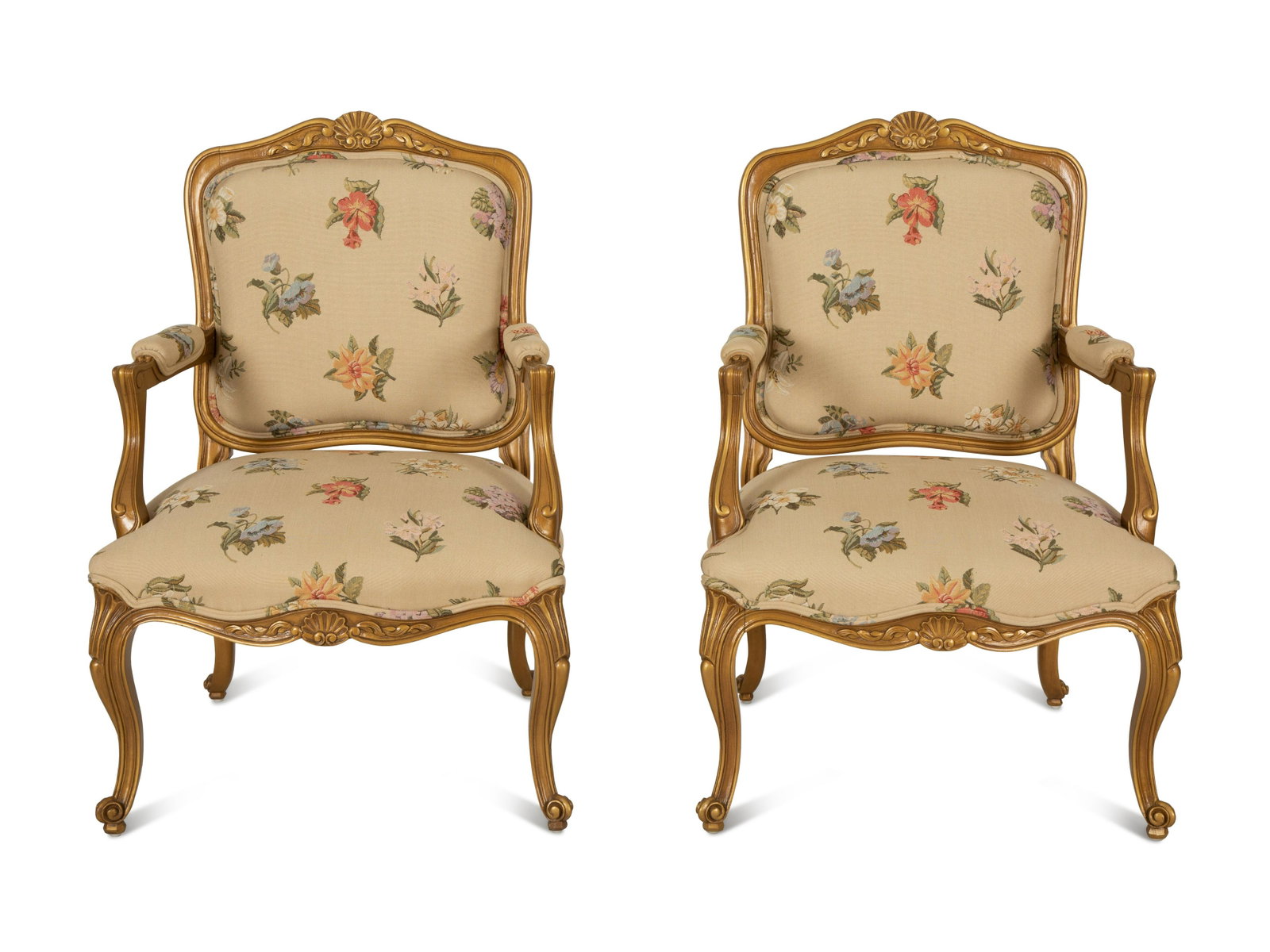 A Pair of Louis XV Style Gold Painted Fauteuils: A Pair of Louis XV Style Gold Painted Fauteuils Early 20th Century Height 37 3/4 x width 26 inches. Property from the Collection of Robert and Mary Montgomery, Palm Beach, Florida