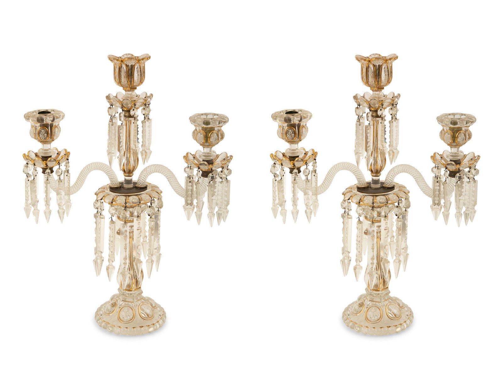 A Pair Gilt and Enamel Decorated Molded Glass Three-Light Candelabra (1 of 4)
