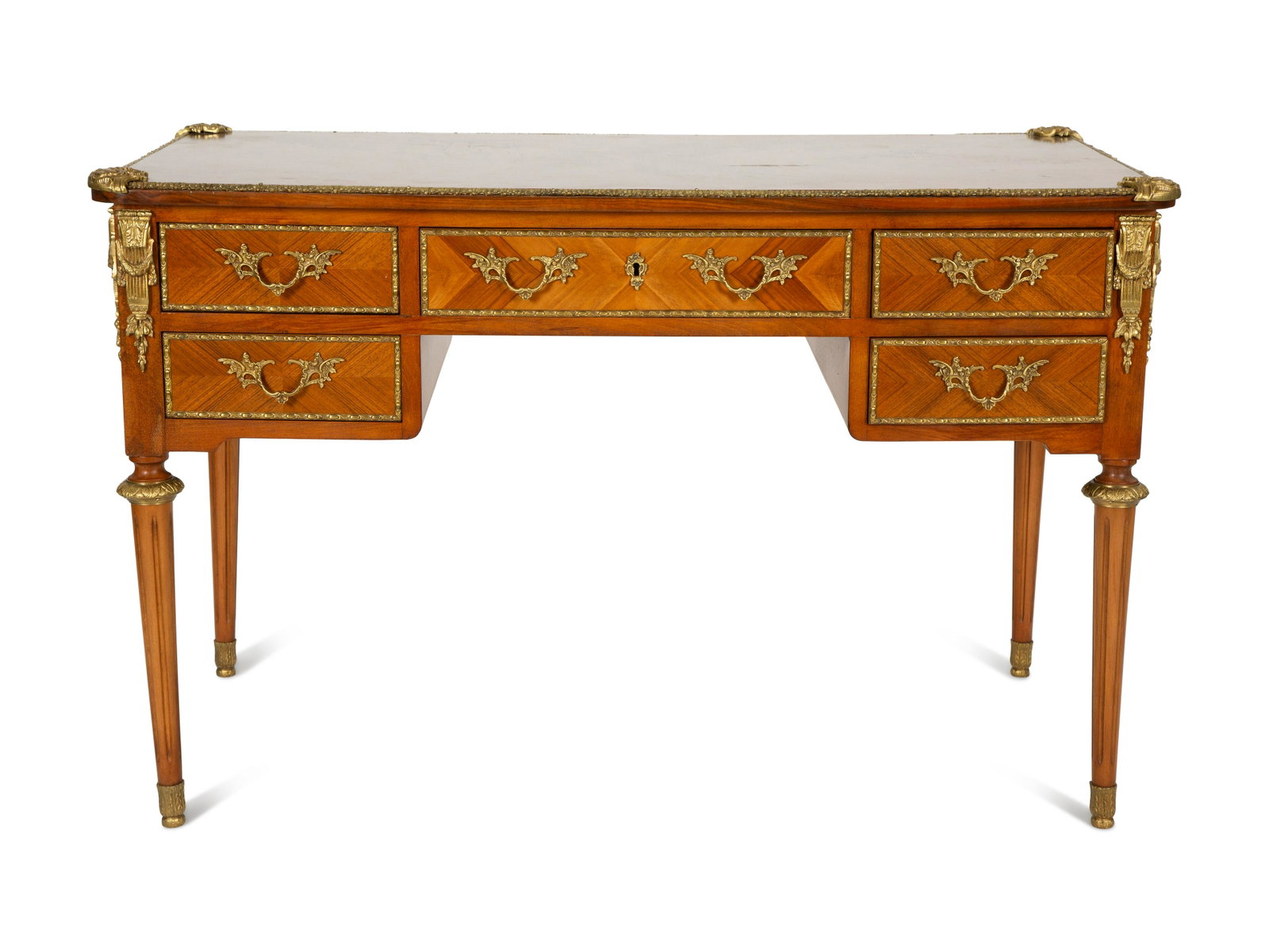 A Louis XVI Style Gilt-Bronze Mounted Mahogany Bureau Plat : A Louis XVI Style Gilt-Bronze Mounted Mahogany Bureau Plat 20th Century Height 30 x width 48 inches. Property from the Collection of Robert and Mary Montgomery, Palm Beach, Florida