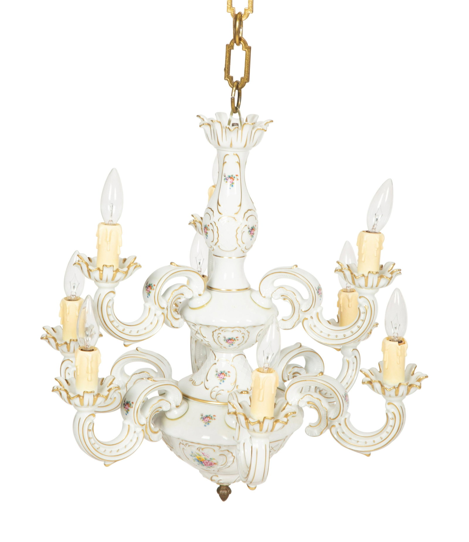 A Lindner Kueps Bavaria San Souci Porcelain Nine-Light Chandelier : A Lindner Kueps Bavaria San Souci Porcelain Nine-Light Chandelier 20th Century Height 21 1/2 x diameter 21 1/2 inches. Property from the Collection of Robert and Mary Montgomery, Palm Beach, Flo