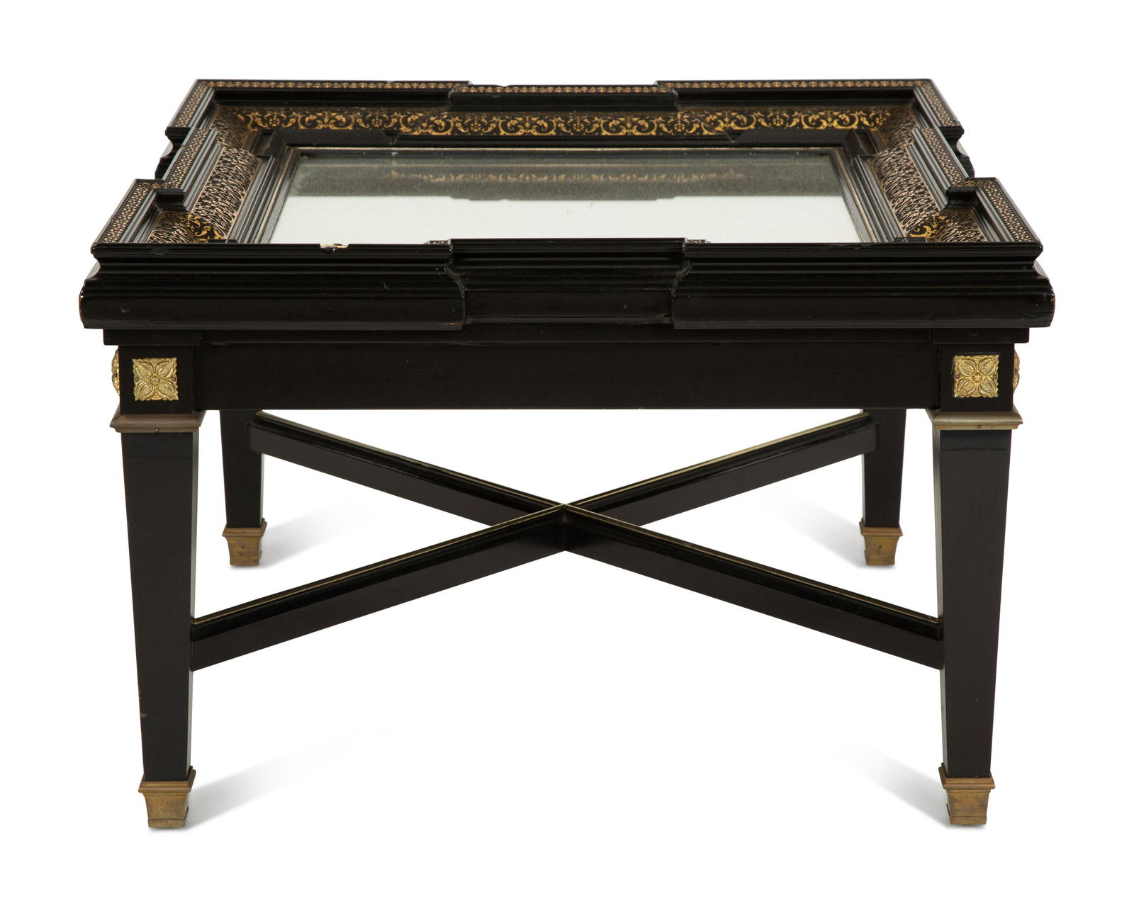 A Neoclassical Style Ebonized Low Table with a Brass Inlaid Framed Mirror Top (1 of 4)