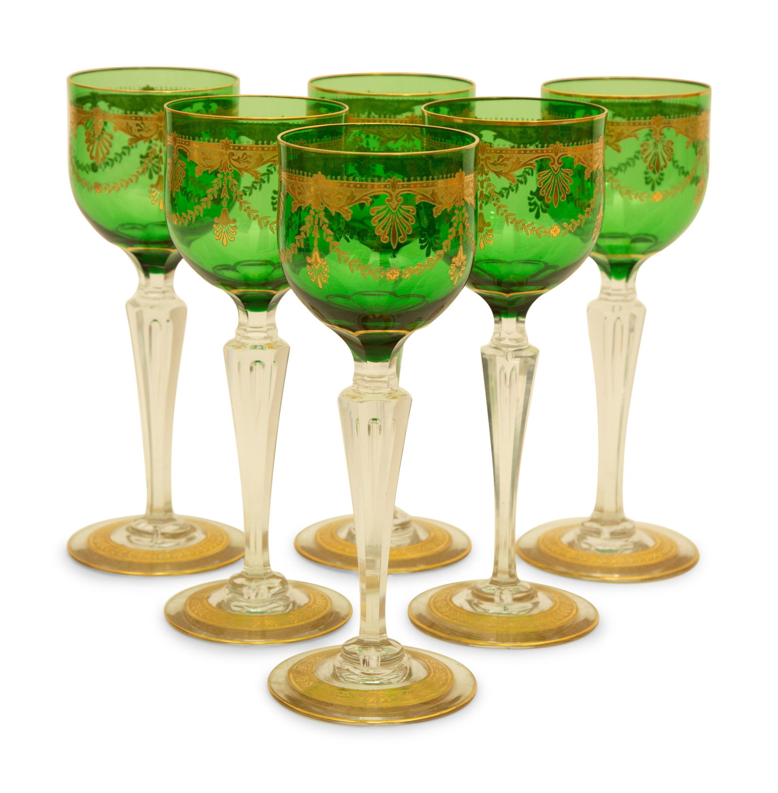 Eleven Bohemian Gilt Decorated Green Glass Clear Stemmed Wines: Eleven Bohemian Gilt Decorated Green Glass Clear Stemmed Wines 19th/20th Century Height 7 7/8 inches. Property from the Collection of Robert and Mary Montgomery, Palm Beach, Florida