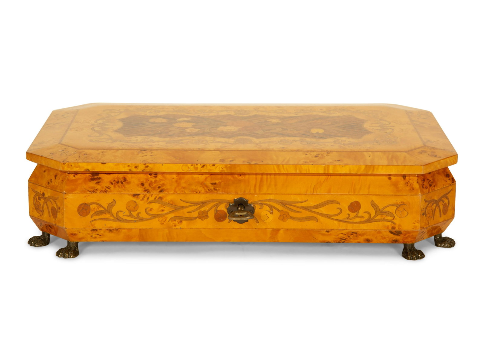 An Italian Burlwood and Marquetry Musical Jewelry Box: An Italian Burlwood and Marquetry Musical Jewelry Box 20th Century Height 5 x width 17 x depth 10 inches. Property from the Collection of Robert and Mary Montgomery, Palm Beach, Florida