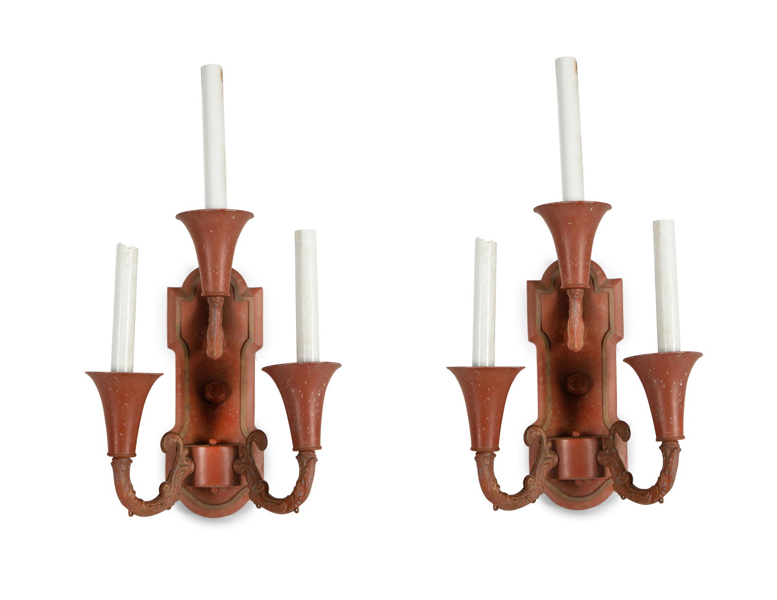 A Pair of Red and Gilt Decorated Tole Three-Light Wall Sconces  (1 of 4)