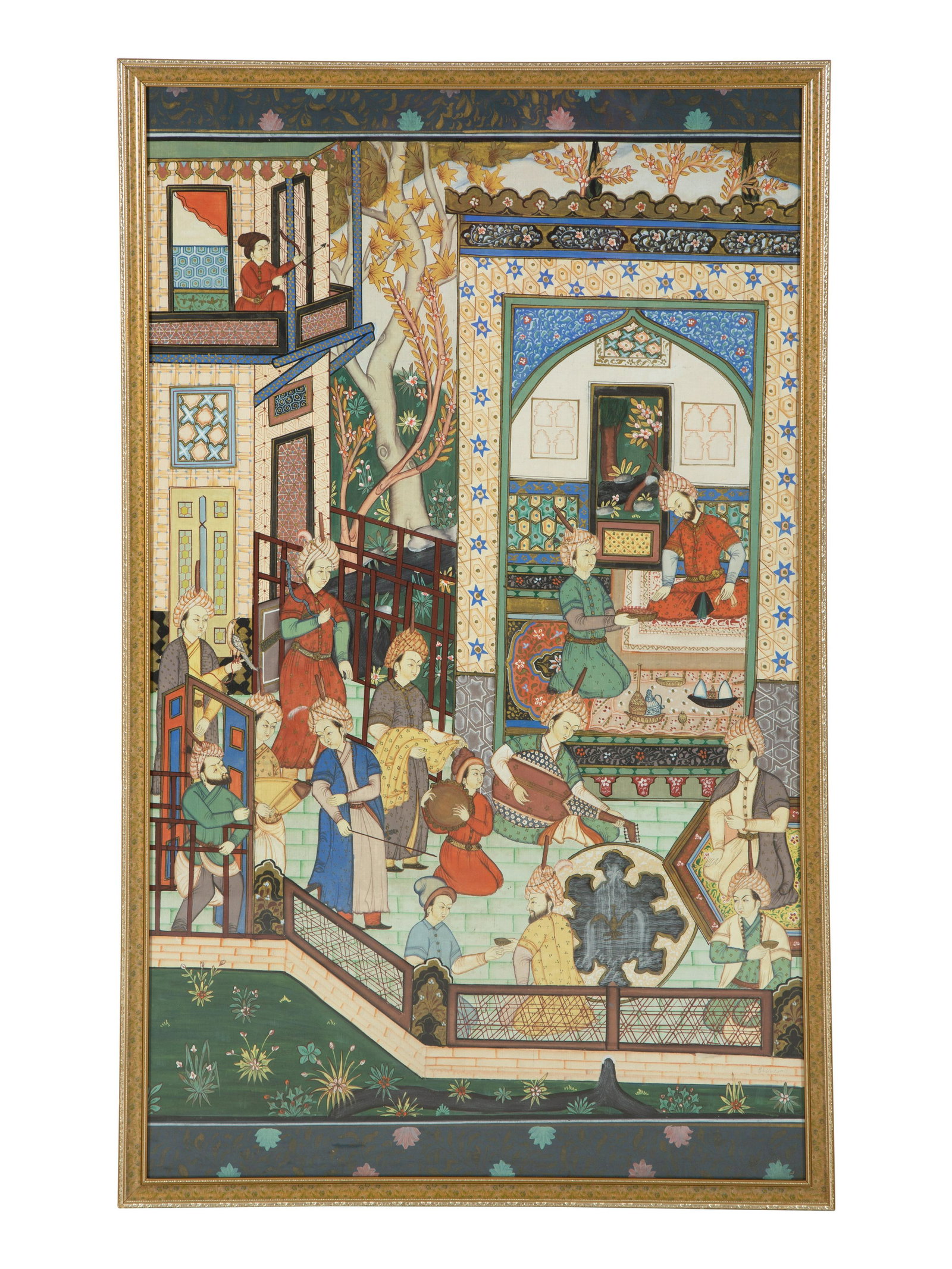 A Persian Painted Panel of Court Figures on a Veranda: A Persian Painted Panel of Court Figures on a Veranda 20th Century gouache on paper or cloth. 40 x 23 3/4 inches. Property from the Collection of Robert and Mary Montgomery, Palm Beach, Florida