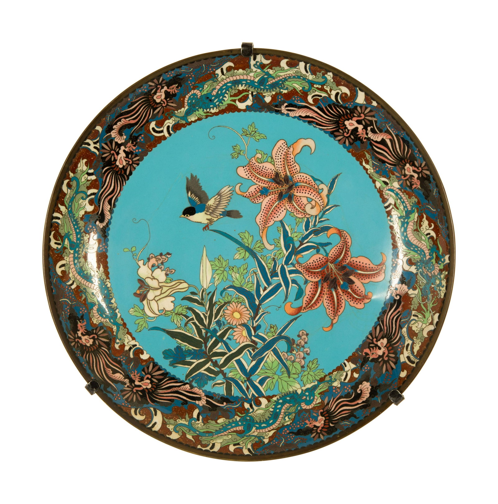 A Chinese Cloisonne Charger: A Chinese Cloisonne Charger 20th Century Diameter 17 1/2 inches. Property from the Collection of Robert and Mary Montgomery, Palm Beach, Florida