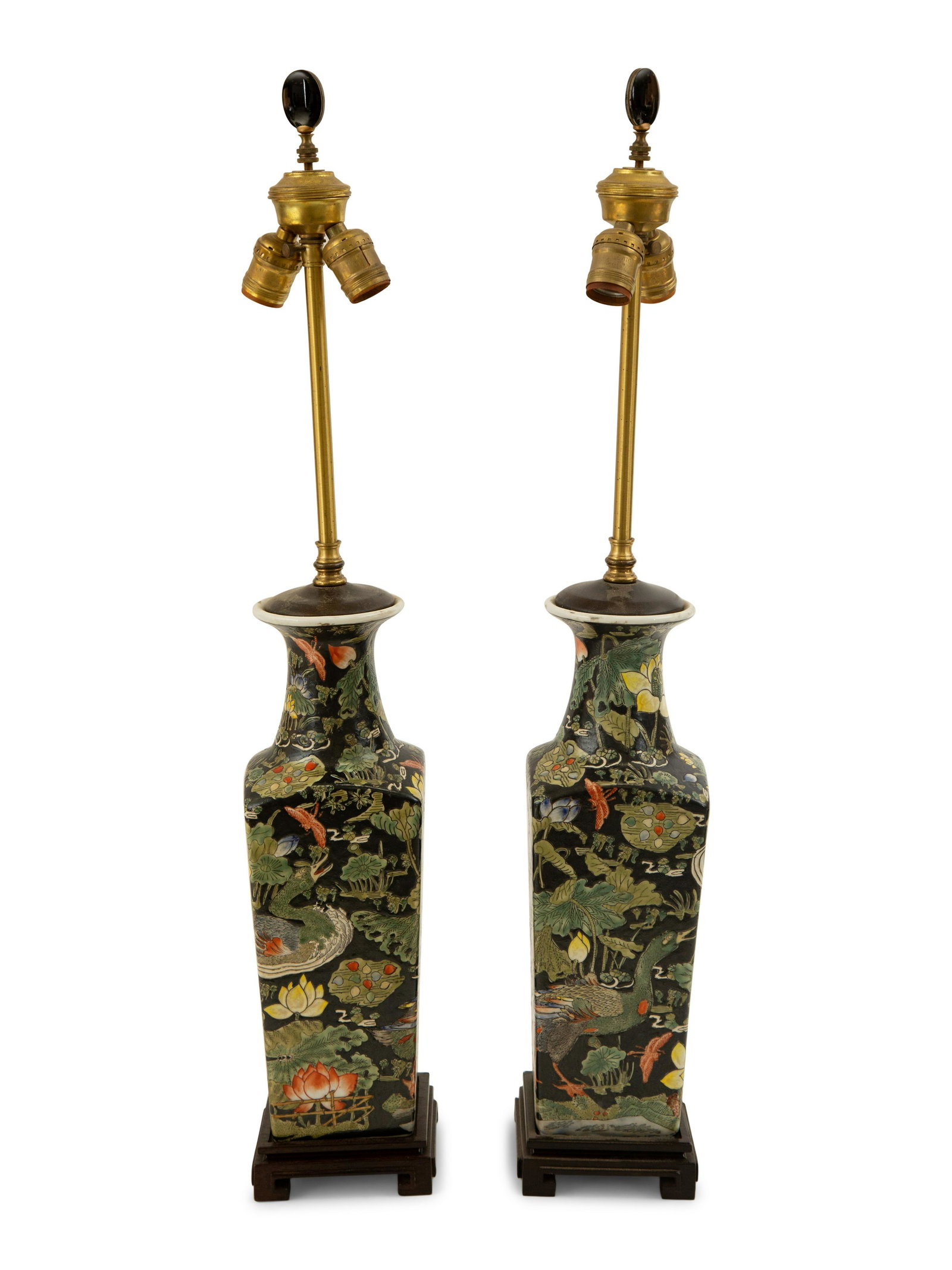 A Pair of Chinese Famille Noir Porcelain Vases Mounted as Lamps: A Pair of Chinese Famille Noir Porcelain Vases Mounted as Lamps 19th/20th Century Height overall 30 inches. Property from the Collection of Robert and Mary Montgomery, Palm Beach, Florida