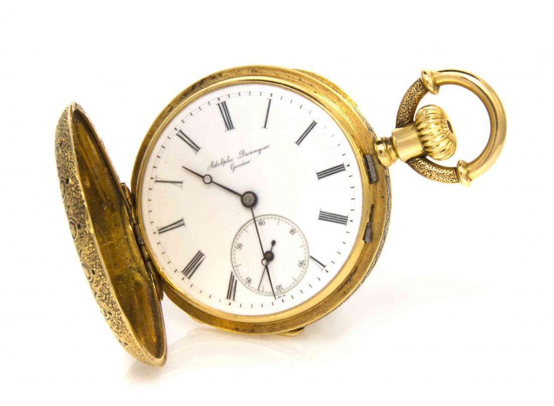 An 18 Karat Yellow Gold and Enamel Hunter Case Poc: An 18 Karat Yellow Gold and Enamel Hunter Case Pocket Watch, Adolphe Duragier, 42.00 mm case, white porcelain dial, Roman numerals, outer register for minutes, Breguet hands, subdial for seconds at 6