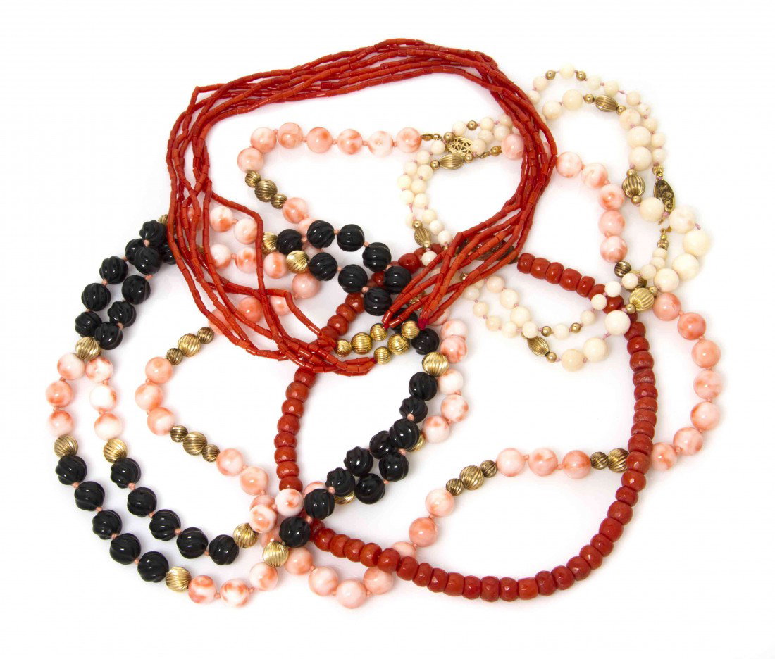 A Collection of Coral and Imitation Coral Bead Je: A Collection of Coral and Imitation Coral Bead Jewelry, consisting of nine necklaces and three bracelets, gold tone fittings. Property from the Collection of Margaret Palmer, Chicago, Illinois