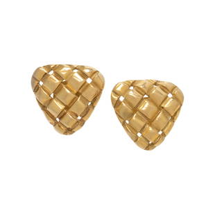 GUCCI, YELLOW GOLD EARRINGS: GUCCI, YELLOW GOLD EARRINGS In a quilted triangular design. 1/2 inch long. Stamp: 18K GUCCI (maker's mark for Michael Bondanza). Gross weight: 4.00 dwt.