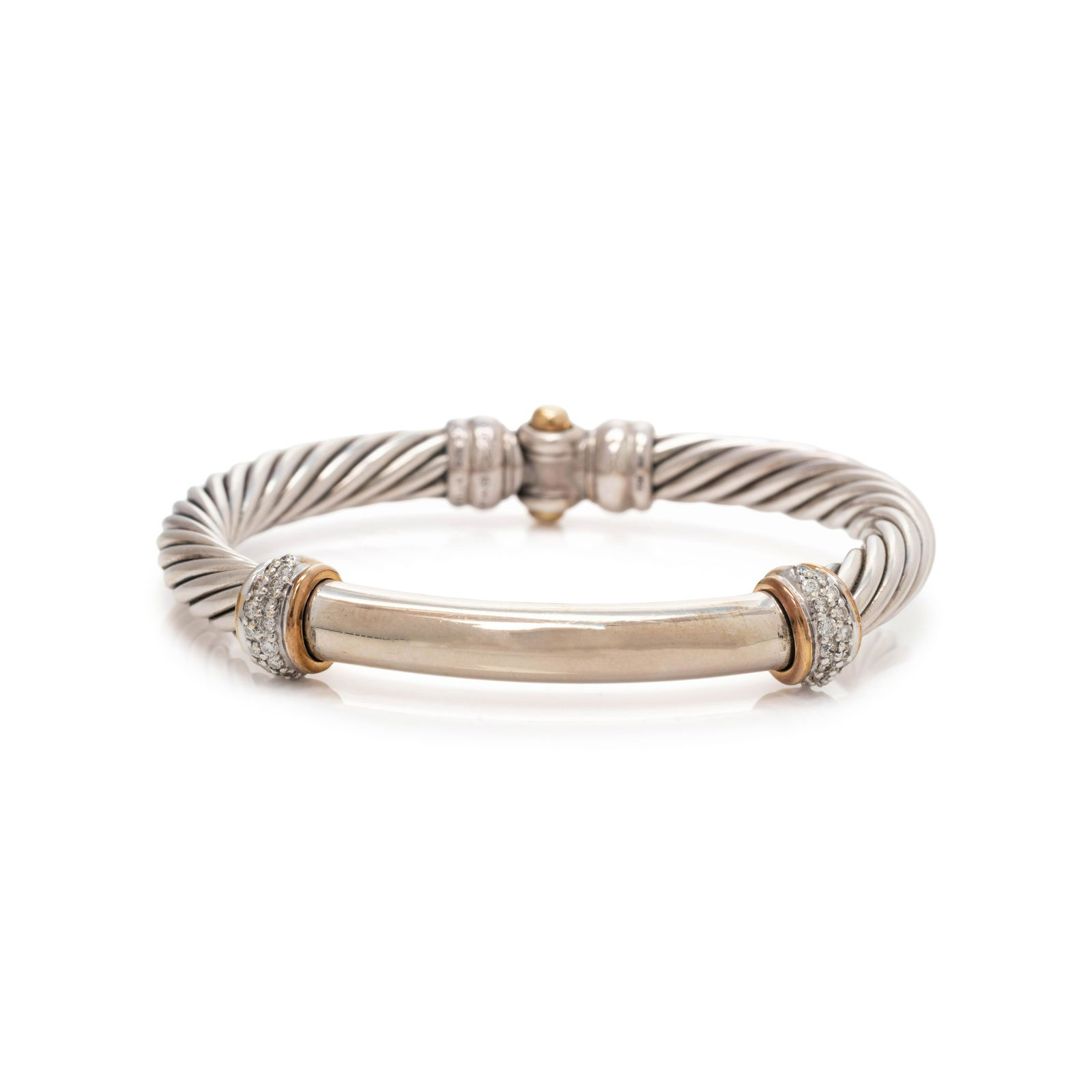 DAVID YURMAN, STERLING SILVER, YELLOW GOLD AND DIAMOND BANGLE BRACELET (1 of 2)
