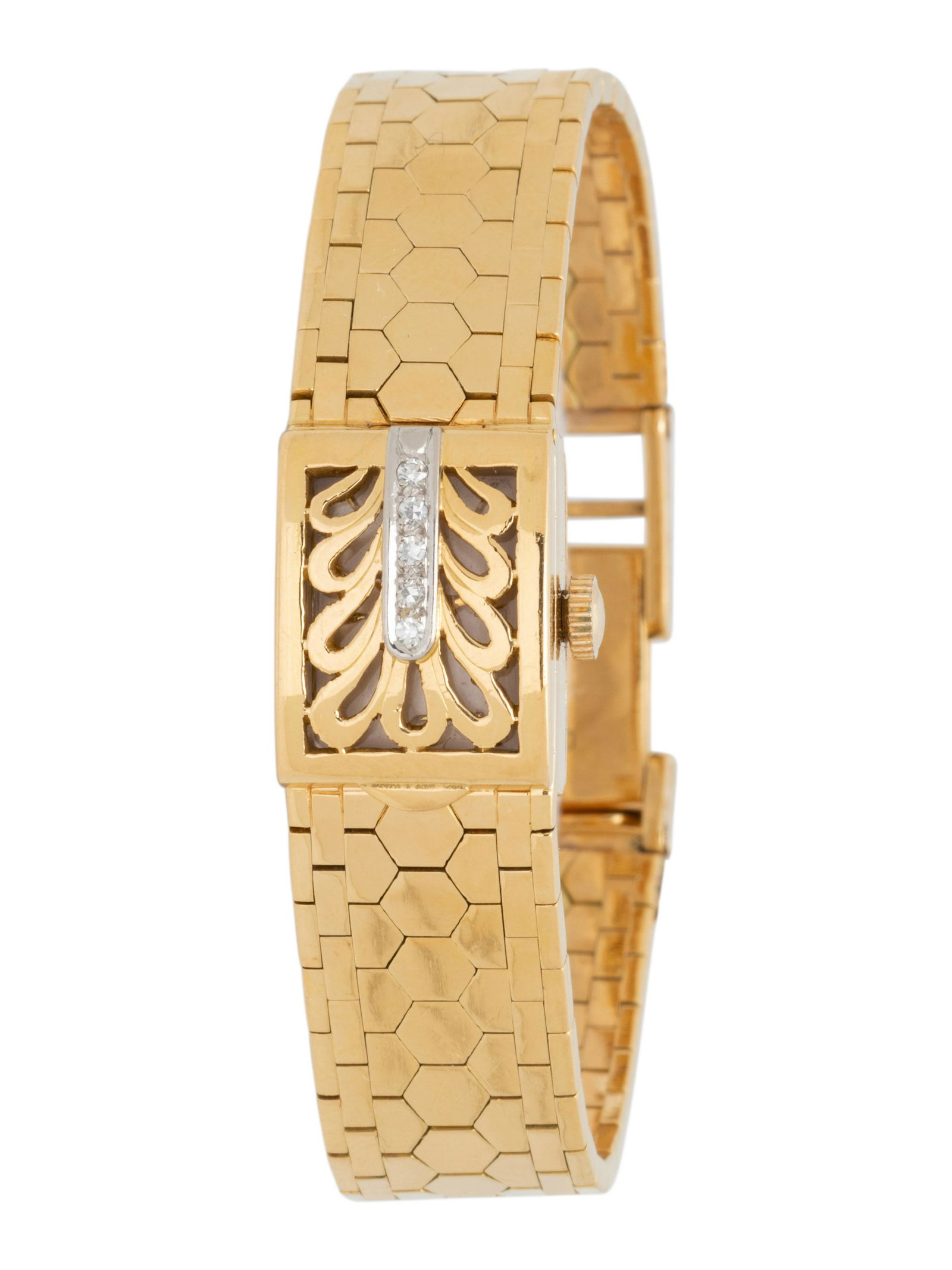 BUCHERER, 18K YELLOW GOLD AND DIAMOND SURPRISE WRISTWATCH: BUCHERER, 18K YELLOW GOLD AND DIAMOND SURPRISE WRISTWATCH The hinged cover containing five single cut diamonds, concealing a watch with applied gold baton and Arabic numerals, 17 jewel manual wind mov