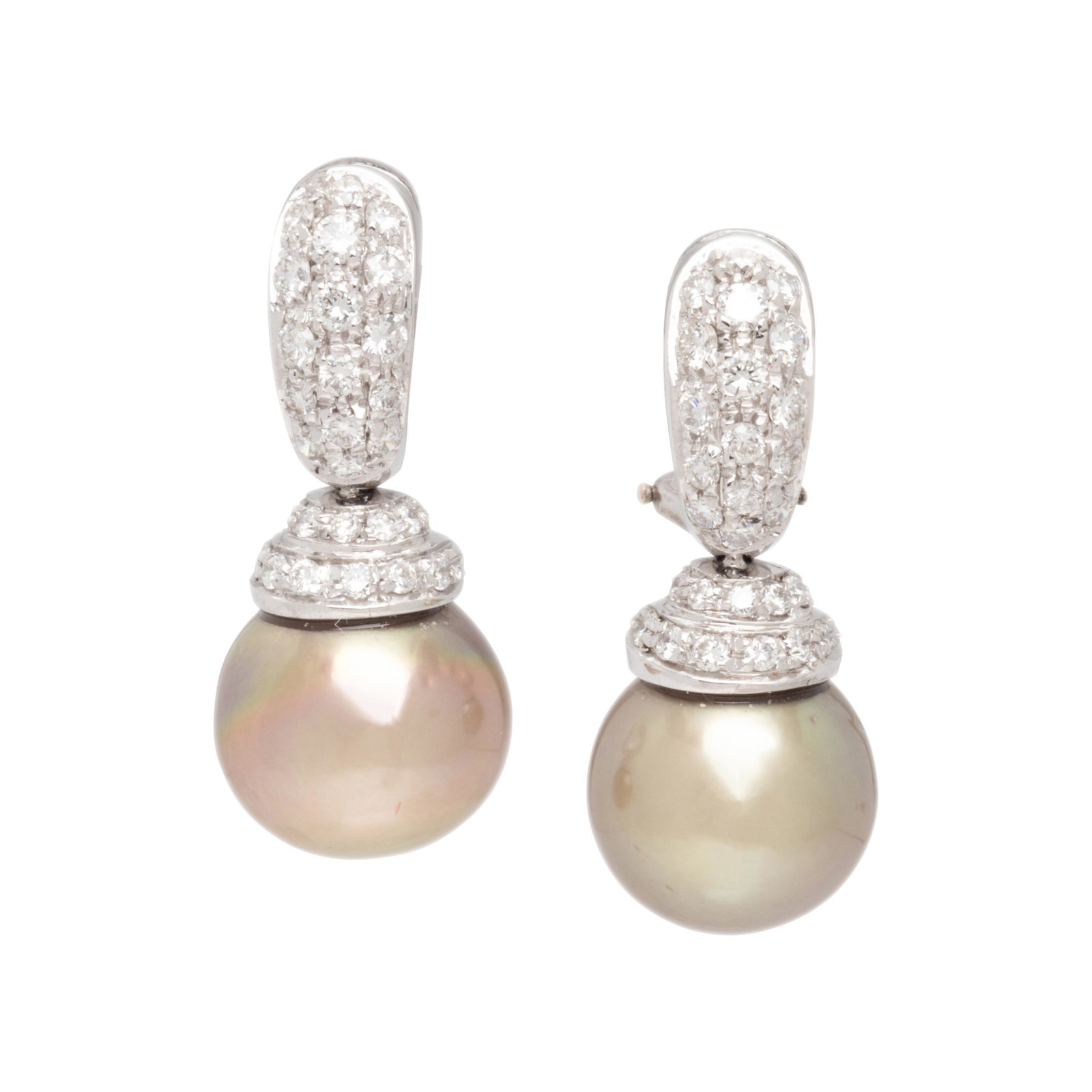 DIAMOND AND CULTURED PEARL EARCLIPS: DIAMOND AND CULTURED PEARL EARCLIPS Containing 54 round brilliant cut diamonds weighing approximately 0.80 carat total and two pearls measuring approximately 11.00 mm in diameter. 1 inch long. Gross w