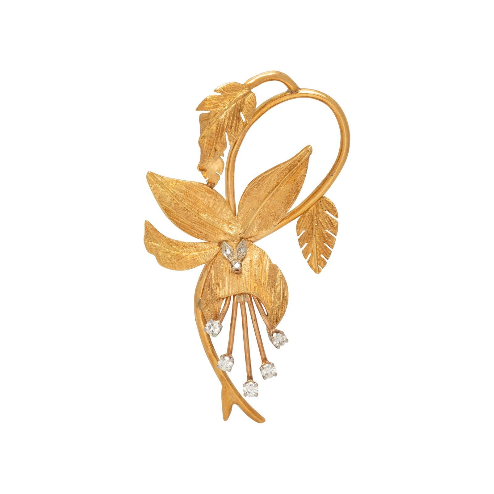 YELLOW GOLD AND DIAMOND FLOWER BROOCH: YELLOW GOLD AND DIAMOND FLOWER BROOCH Containing eight round brilliant and single cut diamonds. 2 1/4 x 1 1/2 inches. Engraved 18K 14K. Gross weight: 7.50 dwt. Property from a Private Collection, Chic