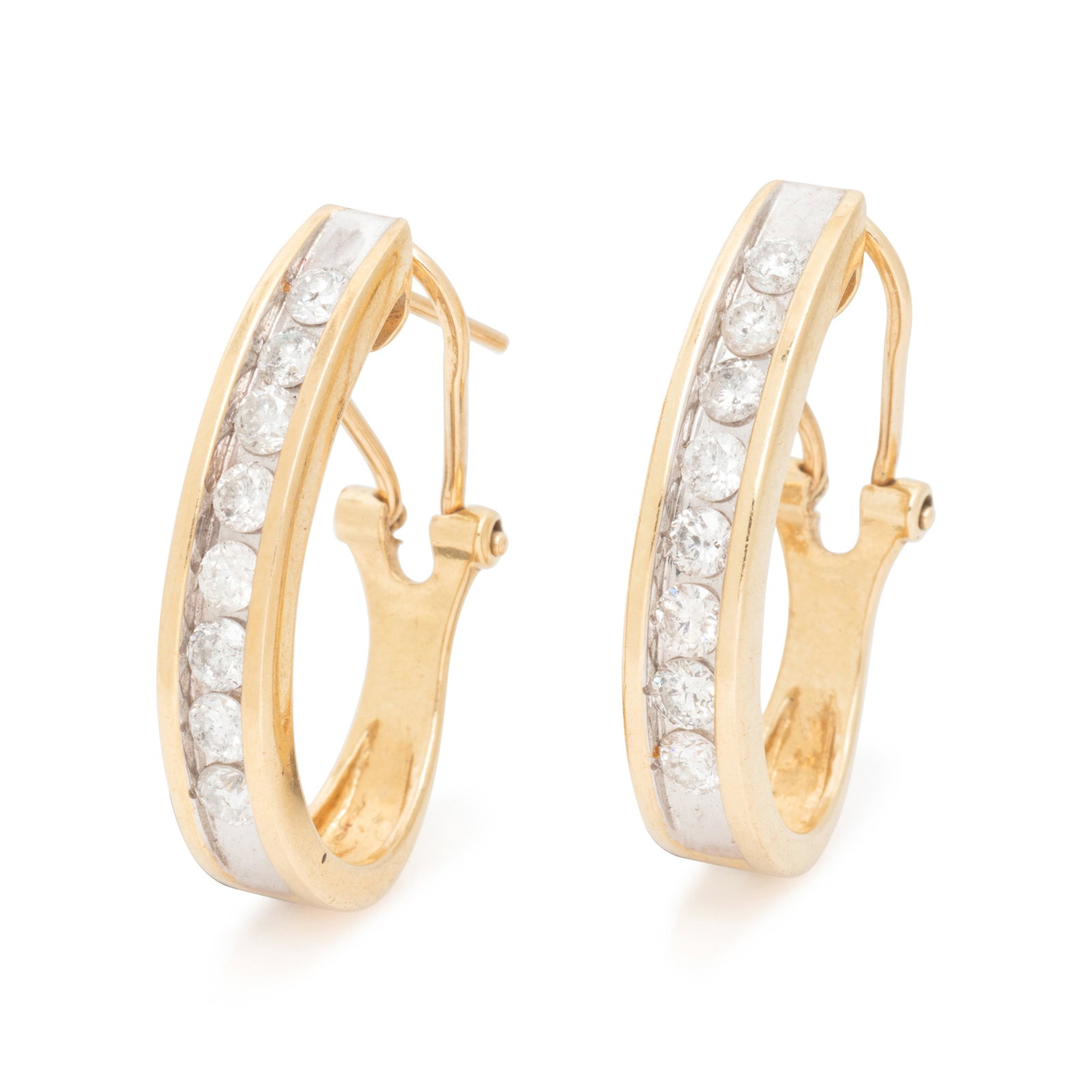 YELLOW GOLD AND DIAMOND EARCLIPS: YELLOW GOLD AND DIAMOND EARCLIPS Containing 16 round brilliant cut diamonds weighing approximately 1.00 carat total, posts with clip backs. 1 inch long. Stamp: Au14K 844. Gross weight: 3.90 dwt.