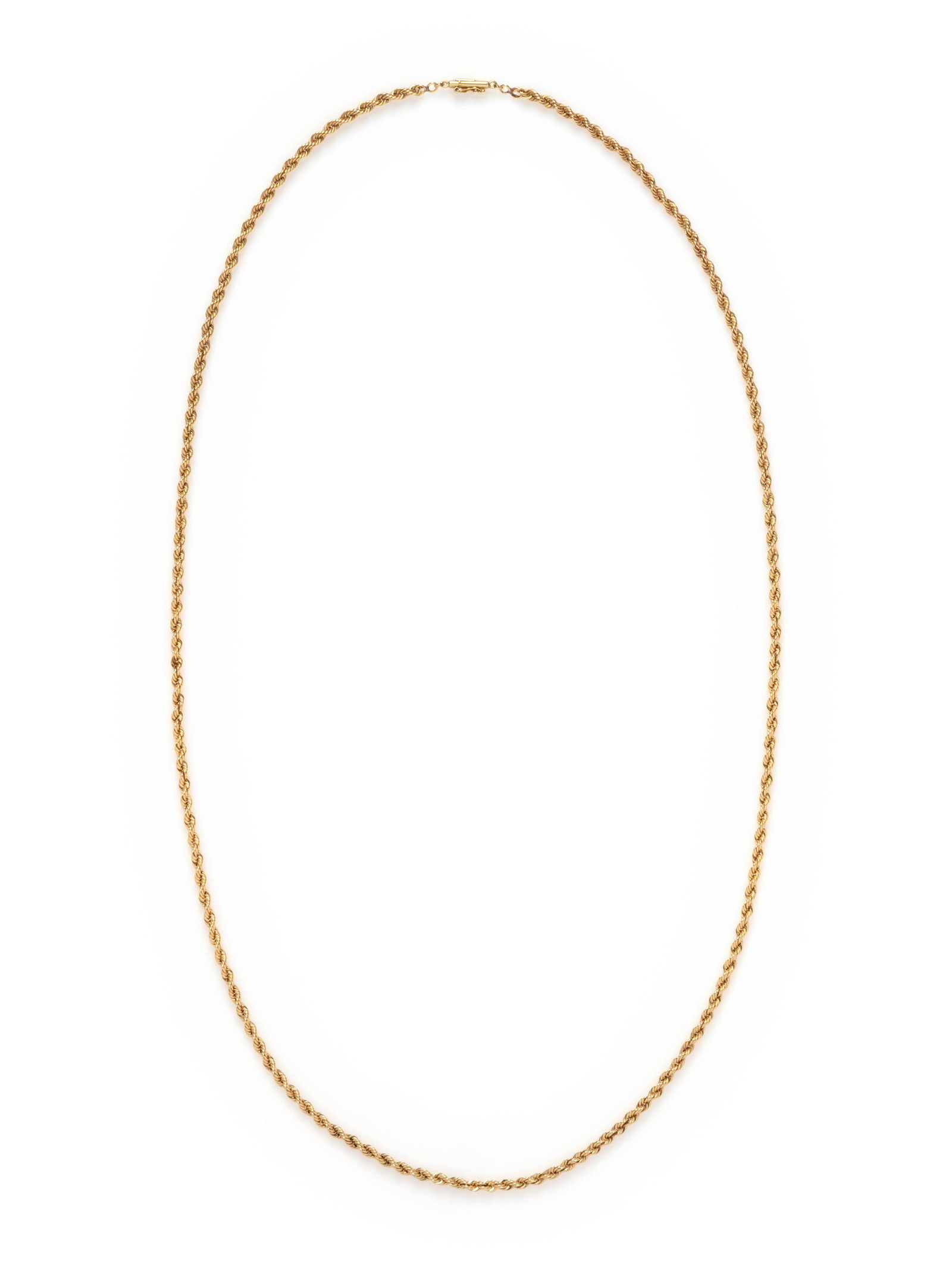 YELLOW GOLD NECKLACE: YELLOW GOLD NECKLACE Consisting of a rope chain measuring approximately 4.00 mm wide. 36 1/4 inches long. Stamp: 14K MAT. Gross weight: 31.30 dwt. Property from a Chicago Gentleman