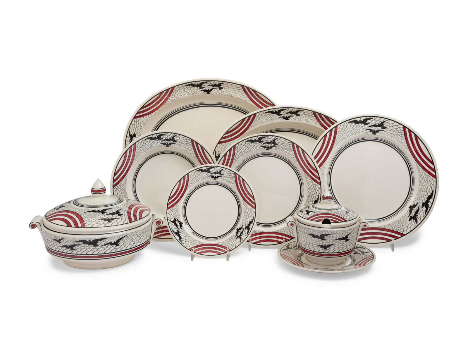 A Wedgwood Sunbirds Dinner Service: A Wedgwood Sunbirds Dinner Service Designed by Sir Charles Holmes (1868-1936) comprising: 12 dinner plates 11 salad plates 16 soup bowls 4 bread and butter plates 2 oval platters (in two sizes)