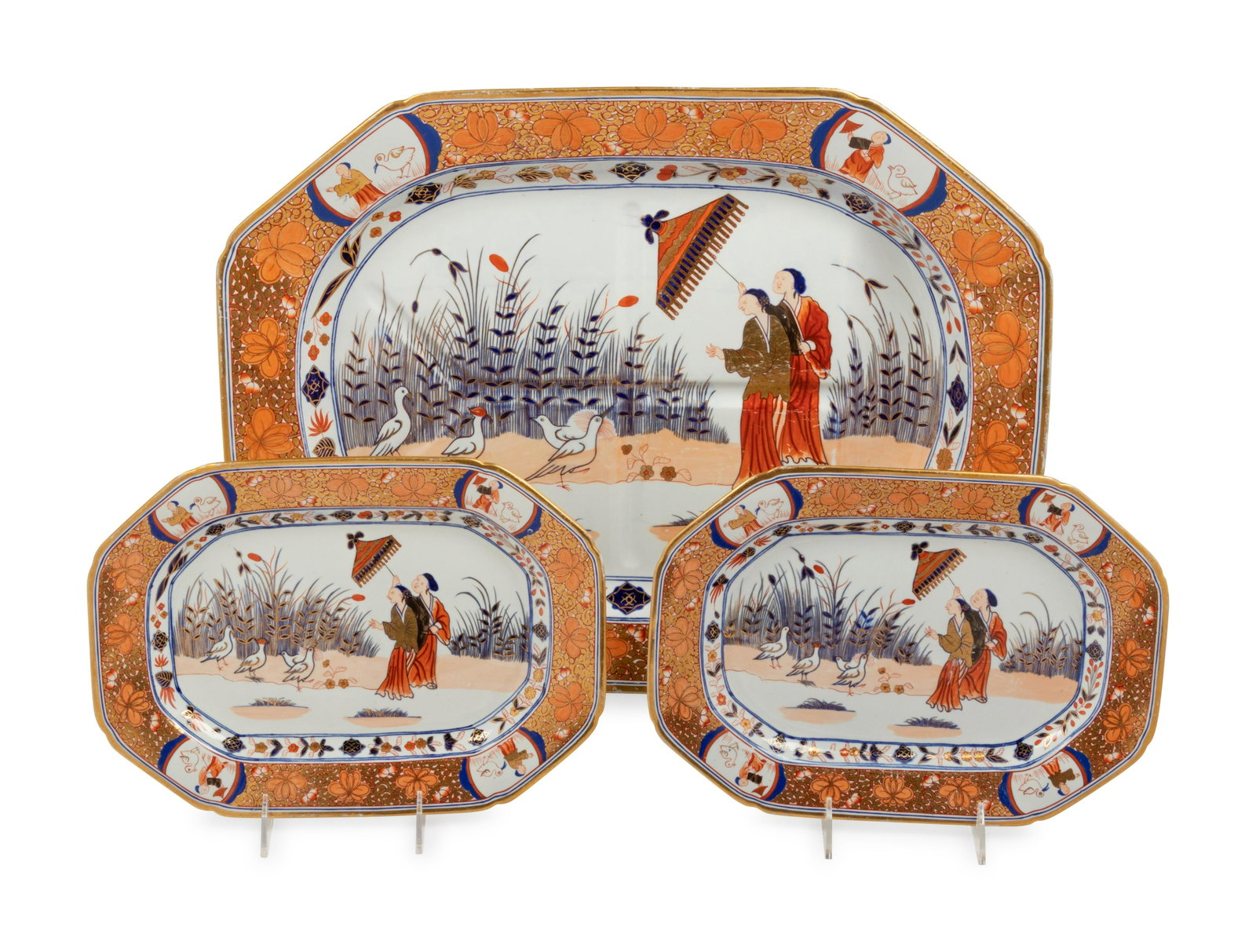 A Set of Three Spode New Stone Graduated Trays : A Set of Three Spode New Stone Graduated Trays 19th Century each with chinoiserie decoration and impressed Spode New Stone mark to the underside. Width of largest 20 3/4 inches. Property 