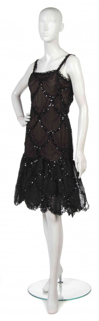 A Pauline Trigere Black Lace and Sequin Cocktail Dr: A Pauline Trigere Black Lace and Sequin Cocktail Dress. Labeled: Pauline Trigere.