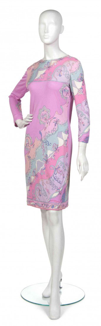 An Emilio Pucci Pink Pastel Geometric Print Jersey : An Emilio Pucci Pink Pastel Geometric Print Jersey Dress. Labeled: Emilio Pucci.