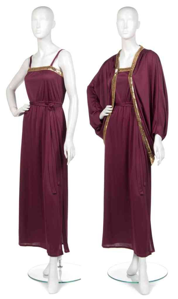 A Halston Burgundy Jersey Evening Ensemble,: A Halston Burgundy Jersey Evening Ensemble, 1970s, with gold sequin trim, matching cocoon jacket. Labeled: Halston.
