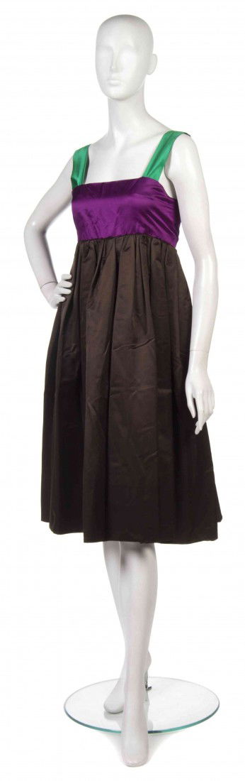 A Bill Blass Purple, Brown and Green Silk Dress.: A Bill Blass Purple, Brown and Green Silk Dress. Labeled: Bill Blass.
