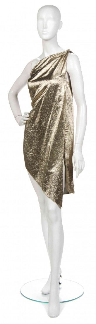 A Stephen Burrows Gold 'Liquid' Asymmetric Mini Dr: A Stephen Burrows Gold 'Liquid' Asymmetric Mini Dress, 1980s, thigh high slit at side. Labeled: Stephen Burrows. Size 6.