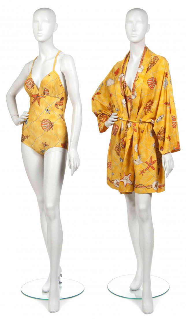 An Hermes Yellow Seashell Motif Swimwear Ensemble.: An Hermes Yellow Seashell Motif Swimwear Ensemble. Labeled: Hermes.