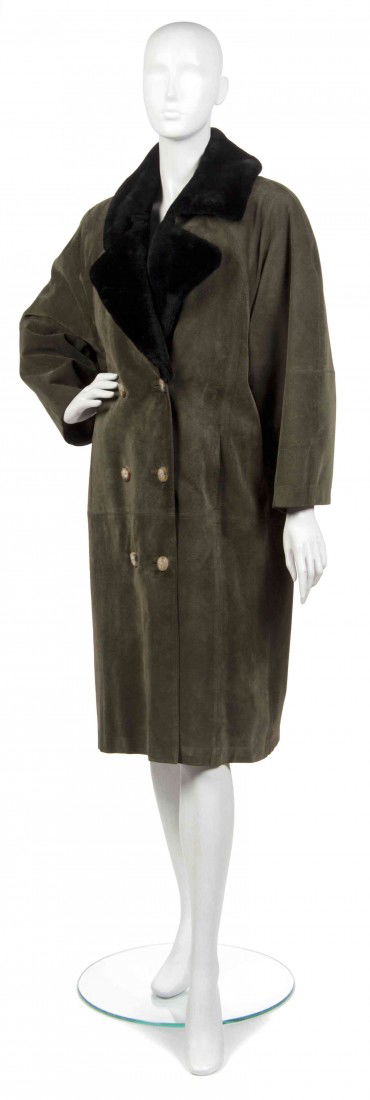 An Hermes Brown Suede Coat,: An Hermes Brown Suede Coat, with removable fur lining and fur lapel. Labeled: Hermes.